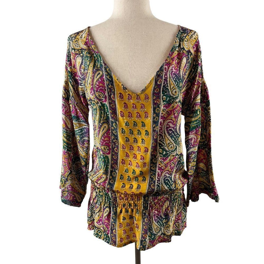 Tolani Ophelia Paisley Bell Sleeve Silk Blouse Small Yellow ASO Nicky Hilton